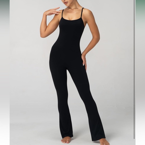 OQQ NWT Black Ribbed High Compression Flair Leg Adjustable Strap Jumpsuit - Picture 2 of 5